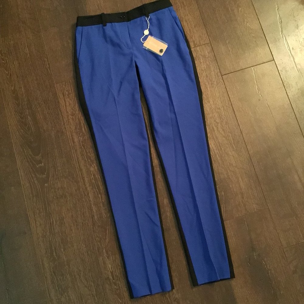 MICHAEL KORS RUNWAY COLLECTION SAMANTHA SLIM WOOL COLORBLOCK PANTS ROYAL/BLACK 2